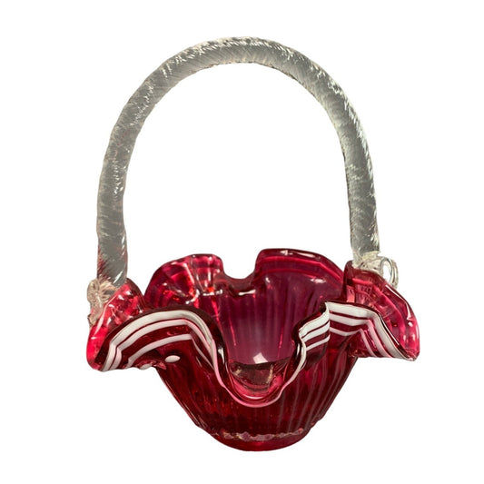 Vintage Handblown Cranberry Glass Basket With Clear Handle & White Stripes