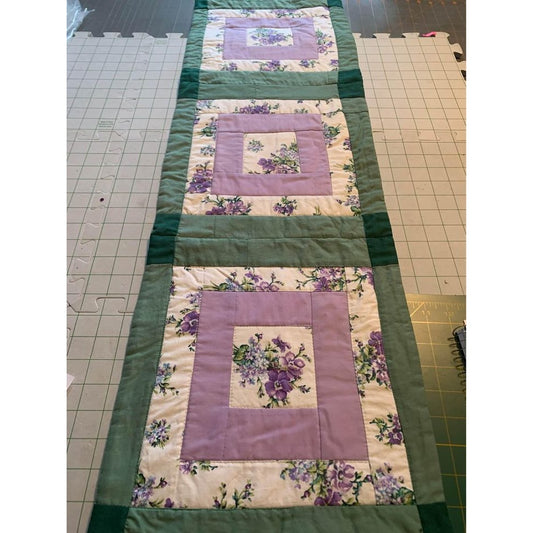 Handmade Green with Purple Flowers Quilted Runner 12” X 37”