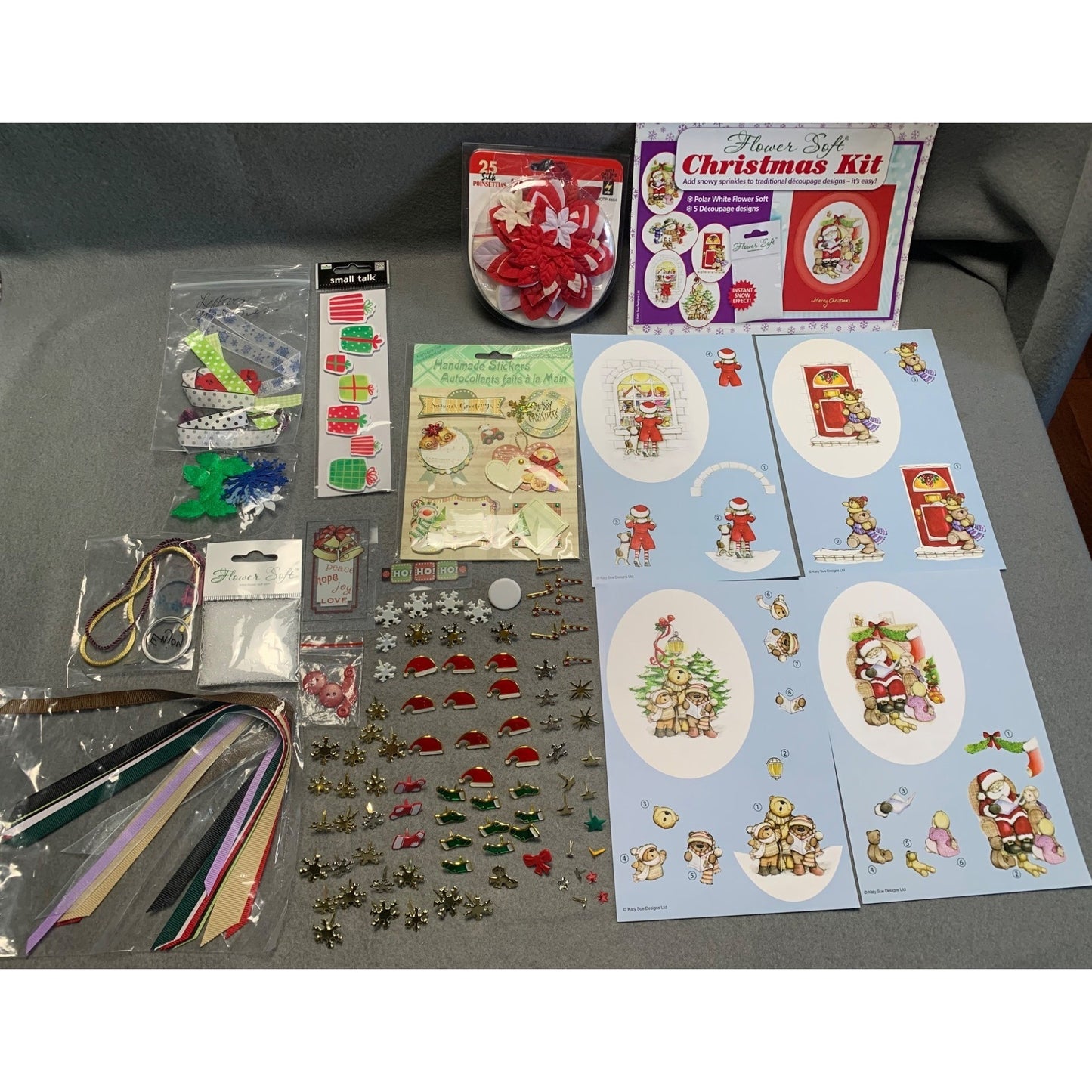 Holly Jolly Craft Christmas Scrapbooking Stickers Ribbons Charms & 4 Sheets of Cut-Outs