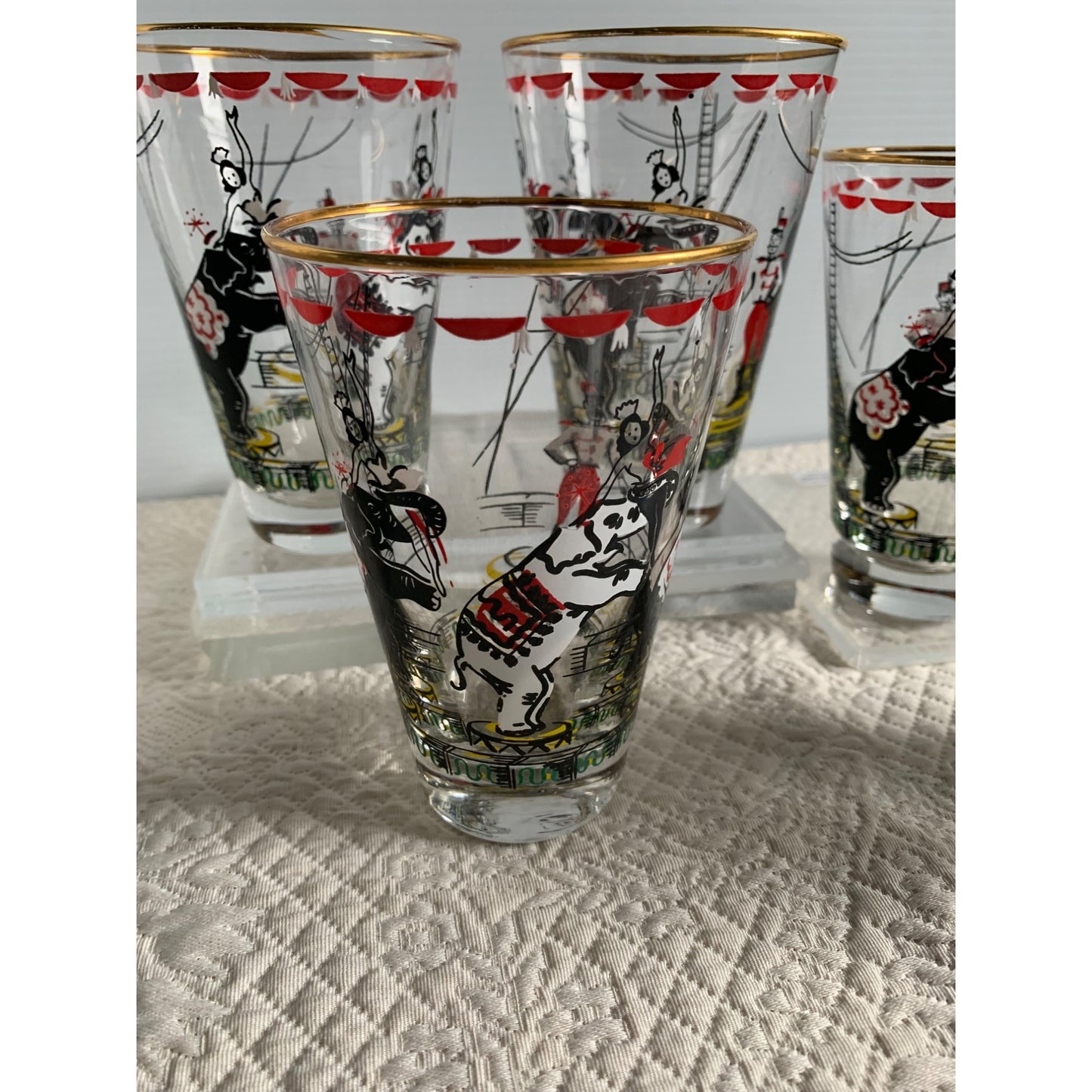 Vtg 1950s Set of 6 Libbey Glasses Day At the Circus Elephants Cocktail Gold Rim