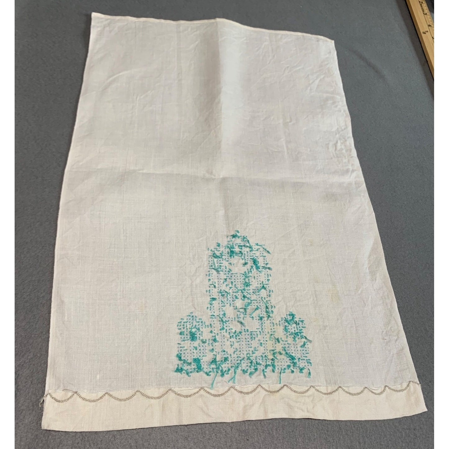 Vintage Embroidered Linen Tea Towel with Green Cross-Stitch Flowers & Scalloped Detail