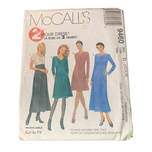 McCalls 2-Hour Dress Pattern 9460 Size 12-14-16 Cut-To-Fit Sewing Uncut