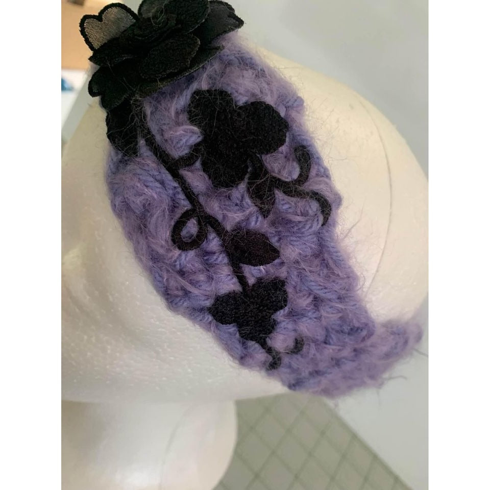 Handmade Purple with Black Flower Crocheted Headband - New