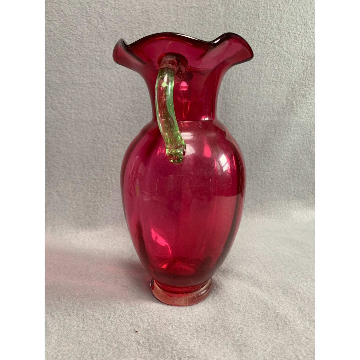 Vintage Hand Blown Cranberry Glass Vase with Green Handles 9.5 inch tall