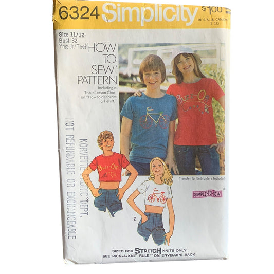 Vintage Simplicity 6324 Pattern Teens & Teen Boys Buzz-Off T-Shirts Size 11/12