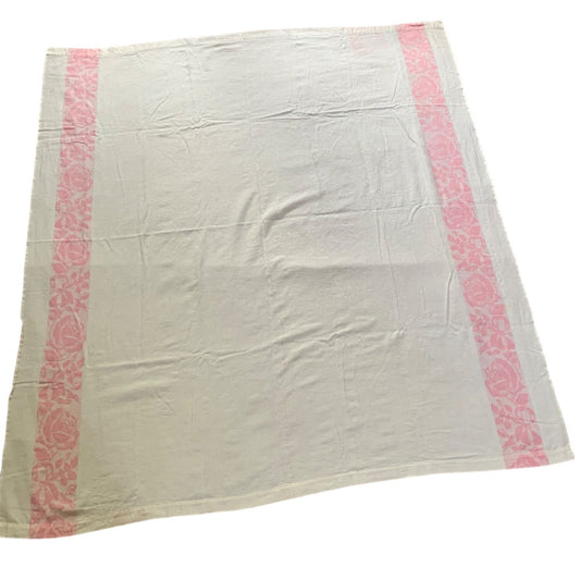 Vintage White & Pink Floral Rose Tablecloth 61x66