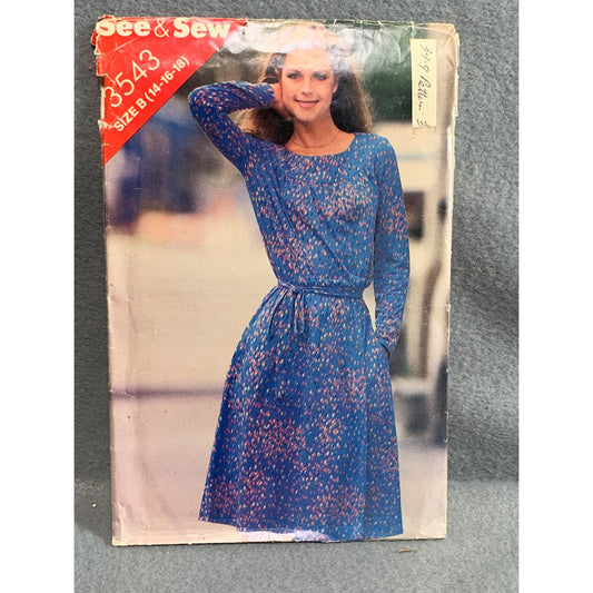 Butterick 3543 Dress Pattern Size 14-16-18 1986 Womens Sewing Pattern