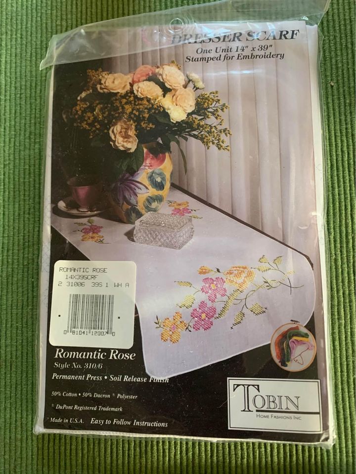 Tobin Romantic Rose Dresser Scarf Cross Stitch Kit - New