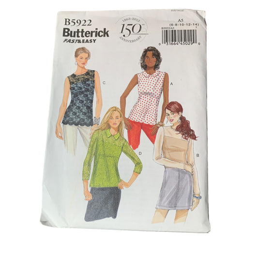 Butterick B5922 Womens Top Sewing Pattern Size 6-14 uncut