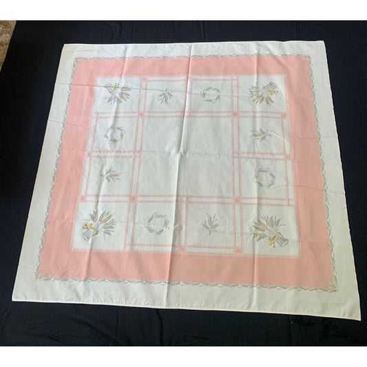 Vintage California Hand Prints Tablecloth Pink & White Floral Pattern 49"x53"