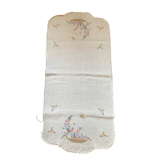 Vintage Hand-Embroidered Linen Table Runner with Floral Basket Design