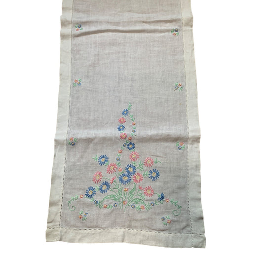 Vintage Floral Embroidered Linen Table Runner - 41" x 14.5" - Charming Handcrafted Decor