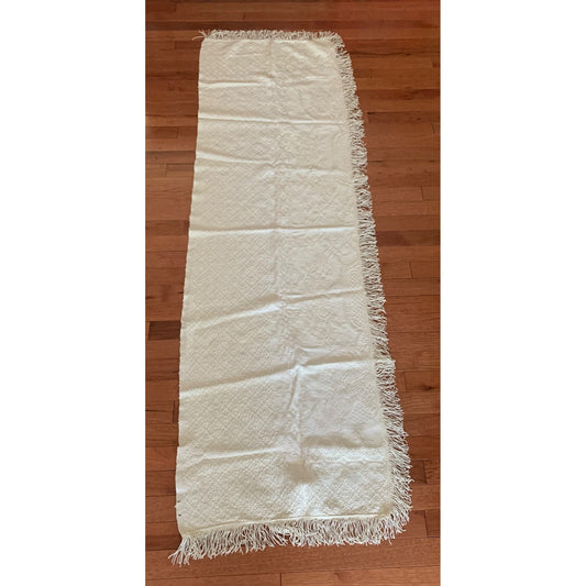 Vintage White Embroidered Table Runner with Fringe Edges 72"x 22"