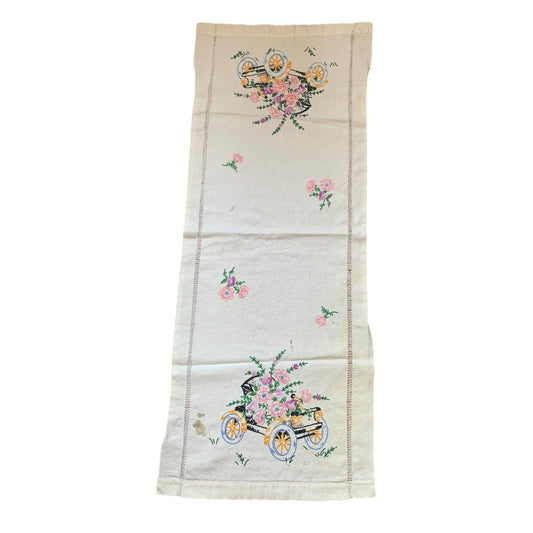 Vintage Hand-Embroidered Floral Table Runner - 14"x35" - Cart & Rose Design