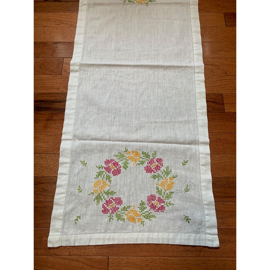 Handmade Embroidered Linen Table Runner with Floral Wreath Design - 36" X 15"