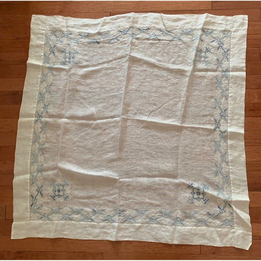 Vintage Linen Tablecloth With Blue Embroidery